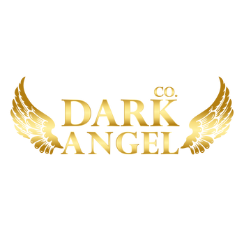 Dark Angel Co mental health clothing line angel wings and logo gold on white background